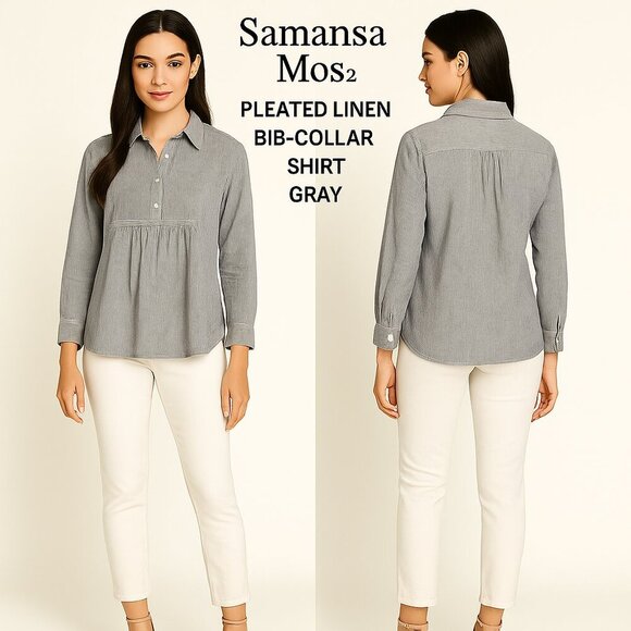 Samansa MOS2 Tops - Semansa Mos2 Gray Pleated Linen Button Down Shirt with Bib Collar
